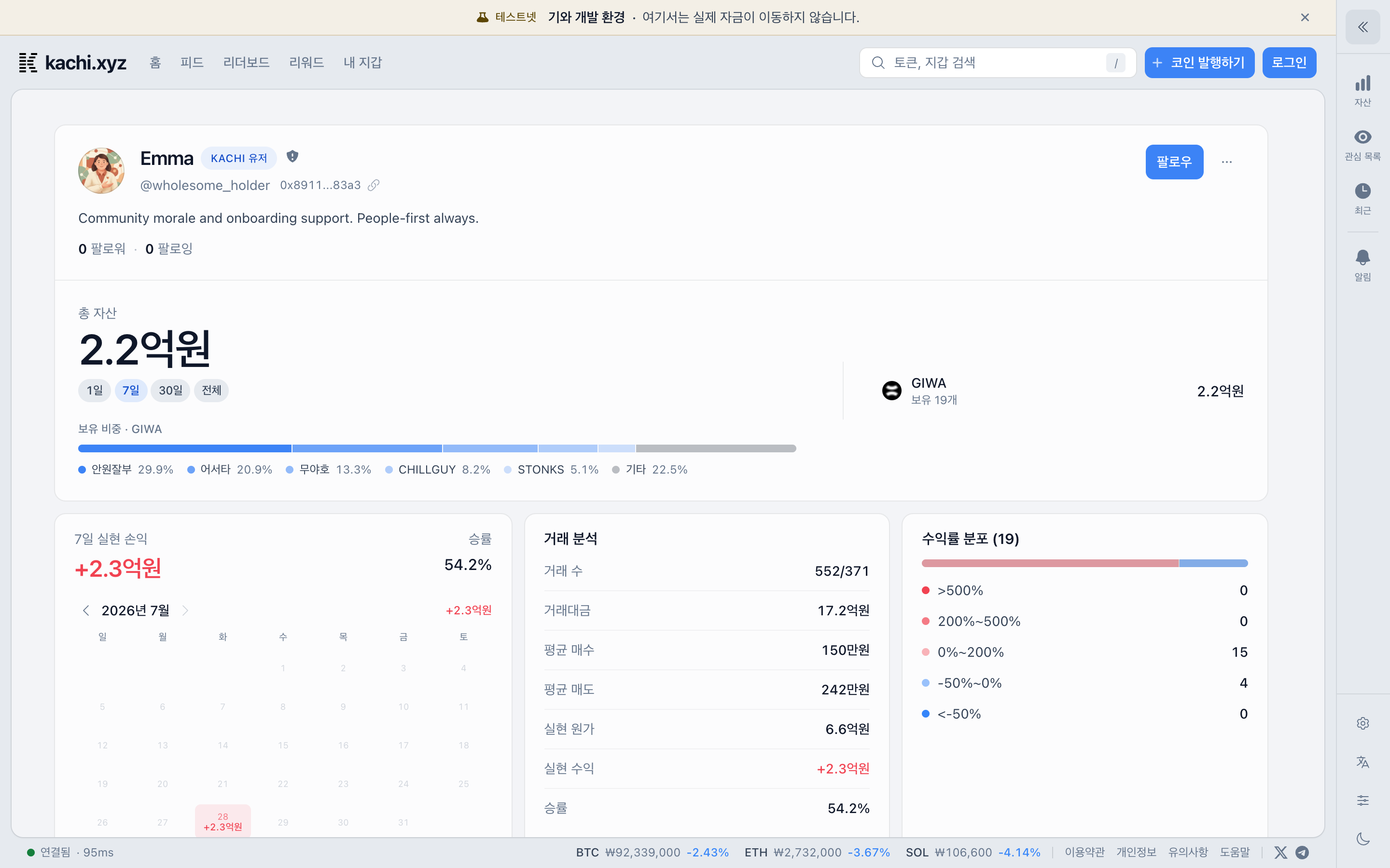 유저 페이지: 자산 · 실현 손익 · 거래 분석